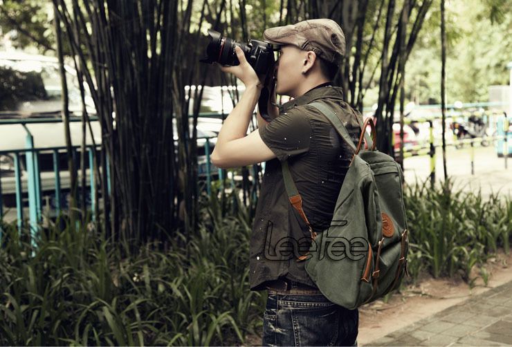 Vintage DSLR SLR Waterproof Canvas Camera Backpack Rucksack Leather Bag
