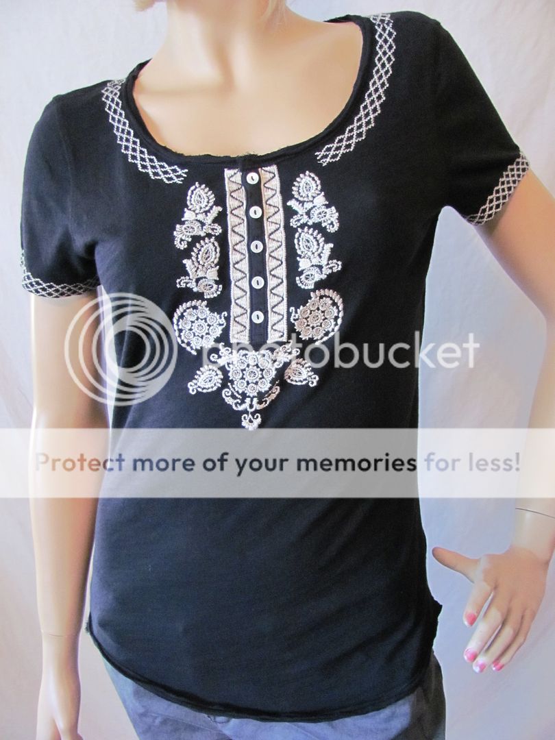 New LUCKY BRAND Women Black S/S Henley Hubbell Embroidered Top Knit 