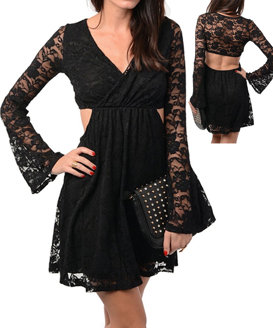 Lace Bell Sleebe Party Black Dress